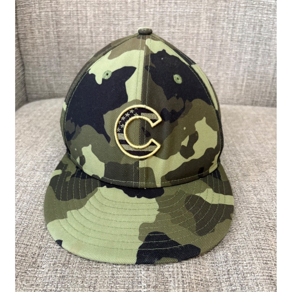 Chicago Cubs New Era 59FIFTY Camo American Flag Logo Fitted Hat Size 7 3/8 MLB